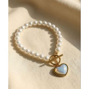 Classic Pearl Bracelet with Holographic Heart Charm - Gold Toggle Clasp - Elegant & Trendy.