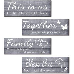 لافتات لديكور الحائط من جويهوك، 4 قطع، لافتات مصممة بعبارات مقتبسة (THIS IS US) و (TOGETHER) و (BLESS THIS HOME) و (FAMILY) ديكور بنمط ريفي خشبي لغرفة المعيشة وغرفة النوم والمطبخ، 12 * 35 سم (رمادي)