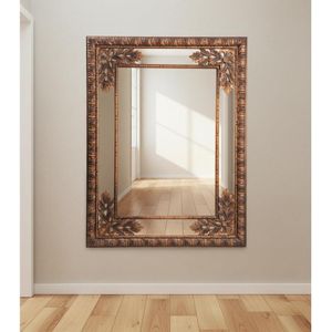 W43 Large Elegant Rectangular Wall Mirror with Handcrafted Wooden Frame, Copper-Colored Finish, Traditional Floral Hand-Carved Design, 103x78 cm, Living Room Decor