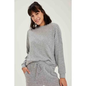 Defacto Woman Crew Neck Regular Fit Knitted Tops - Grey Melange