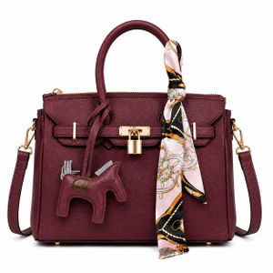 Luxury Women's Handbag in Deep Burgundy , Crafted from Premium Leather with Gold Hardware & Elegant Locks, Includes Decorative Scarf, Perfect for Work & Formal Events, Stylish & Functional Design for Everyday Elegance