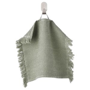 Washcloth VALLASÅN towel, light green, woven, rectangular with fringed edges, hangs on hook.