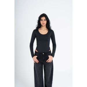 OUTDATED Wide Neck Long Sleeve Bodysuit - Black