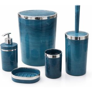 6 Piece Unbreakable Acrylic Bathroom Accessories Set, Blue Marble Design with Silver Chrome Trim, Includes Soap Dispenser, Toothbrush Holder, Tumbler, Soap Dish, Toilet Brush Holder, Trash Can