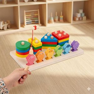 2-in-1 Wooden Fishing Set – Montessori Educational Puzzle Toy for Children Ages 3-6 with Geometric Shapes and Building Blocks – Safe and Durable Educational Toy for Skill Development