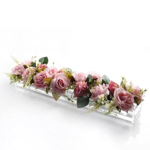 BEST MEDIA Rectangular Floral Centerpiece Modern Acrylic Flower Vase 60 cm Long Low-Laying Rectangle Design Perfect for Dining Table Weddings or Home Decor LED Feature Clear