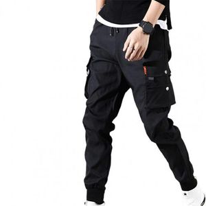 Black Cargo Pants Mens Fashion Casual Loose Cotton Plus Size Pocket Lace Up Elastic  Waist Pants Trousers 