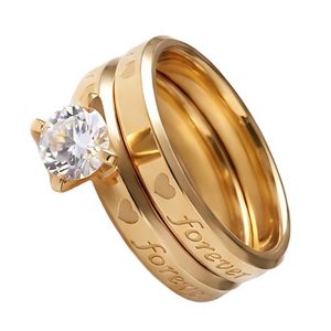 Set Rings F o r e v e r L o v e Cubic Zirconia 2pcs Simple Handmade  And Style korean Gift For Women Fashion Day Wife Lover Family Member Stainless Steel 18K gold Plated  - 17 Size 