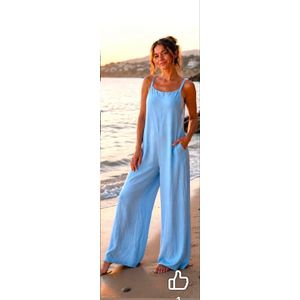 Women's Relaxed Wide-Leg Sleeveless Jumpsuit – Polyester- Light blue