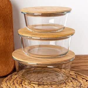 طقم علب حفظ طعام زجاج بيركس مدور 3 قطع بغطاء خشب بامبو محكم بجوان سيليكون – علب تخزين طعام للثلاجة والمطبخ – اوعية حفظ طعام متعددة الاستخدام بثلاثة مقاسات مختلفة