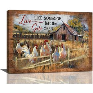 Farm Rooster Decor Wall Art Rustic Farmhouse Barn Chicken Animal Pictures Wall Decor Canvas Painting Prints Artwork Home Decorations Framed for Kitchen Bathroom Bedroom Office Living Room 16"x12"