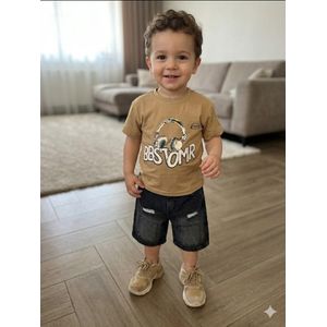 Boys' 2-Piece Stylish Summer Outfit – Beige Graphic T-Shirt & Ripped Denim Shorts