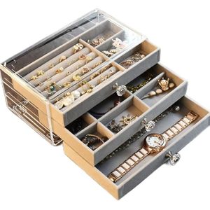 Clear acrylic jewelry organizer with velvet lining, 3 drawers, stackable design, multi-functional for earrings, rings, necklaces, watches, etc., suitable as a gift for women from Yabelli, (Gray color)