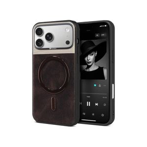 جراب حماية خلفي فاخر من الجلد، بتصميم ثنائي اللون مع إطار كاميرا معدني أنيق، متوافق مع تقنية MagSafe لهاتف iPhone 17 Pro Max (بني)