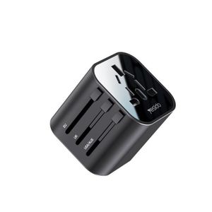 Yesido MC09 Universal Travel Adapter – Multi-function Worldwide Plug, 5V/3.4A Output, Compact & Safe Design for Global Travel (Black)