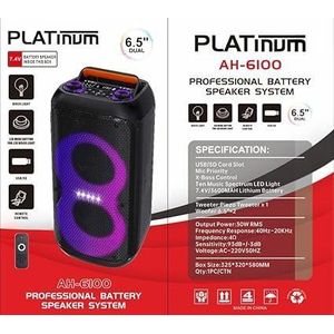 Platinum 	 Subwoofer Bluetooth , AH-6100 Professional Battery Speaker System, Dual 6.5" Portable Bluetooth Speaker, 30W RMS Power, Music Spectrum LED Light, Black