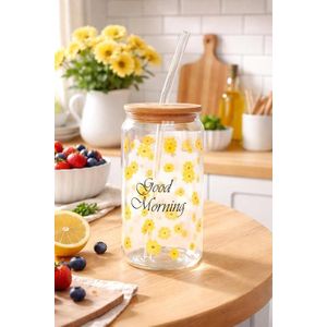 Can-Shaped Iced Coffee Glass Cup with Floral Print, Bamboo Lid and Straw