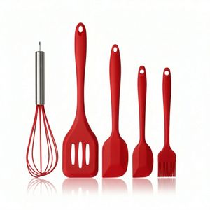 طقم أدوات مطبخ سيليكون 5 قطع، سباتيولا كبيرة ومثقبة، سباتيولا صغيرة، فرشاة دهن، مضرب بيض، أدوات طهي وخبز وتحضير عملية للمطبخ اليومي
