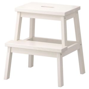 Step stool This image shows a BEKVÄM step stool, white in colour, made of solid aspen wood, featuring a rectangular shape with two steps and a flat top.