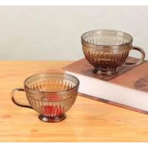 Glass Soup Mugs with Handle, Ribbed Design, Amber Colour, Set of 2 .flo