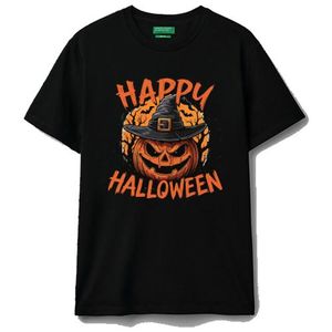 Happy Halloween Graphic T-Shirt, Black, Pumpkin Witch Hat Print, Short Sleeve, Unisex