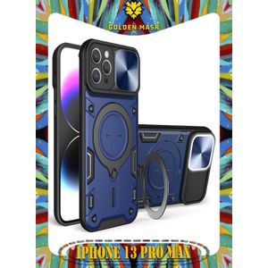 GOLDEN MASK جراب حماية مع باب جرار لحماية عدسة الكاميرا المدرعة مدمج بزاوية 360 درجة - (ازرق) (آيفون 13 Pro Max)
