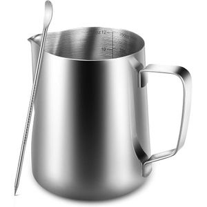 Creamer, Milk Pitcher 350ml,12 fl.oz. Stainless Steel Milk Jug for Frothing During Cappuccino and Milk Coffee, Silver 9 * 7.5cm 12 oz with measurement markings