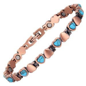 Magnetic medical bracelet made of pure copper - with a heart design and turquoise stone inlay - to relieve pain and improve blood circulation