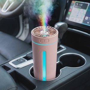 فواحة ومرطب هواء للسيارة او المكتب 2 في 1 بمنفذ USB - تصميم مدمج لحامل الأكواب ، إضاءة LED ملونة ، تعمل بالموجات فوق الصوتية هادئة جداً للمكتب والسيارة (Fuchsia)