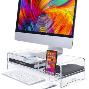 BEST MEDIA Acrylic Monitor Stand Riser, Wide 20", 2 Tier Computer with Storage, Desk Organizer Desktop Printer Laptop Storage Shelf Screen Holder Phone Holder(Clear)