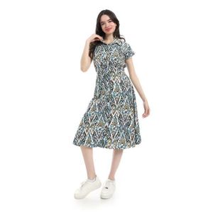 Andora Classic Linen Belted Dress - Indigo & White
