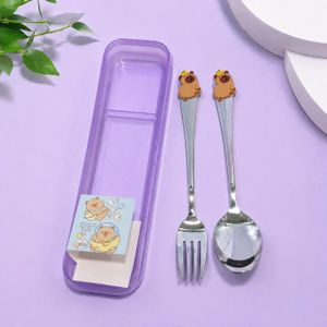 Disney  طقم ملاعق وشوك أطفال ستانلس ستيل محمول للمدرسة واللانش بوكس بتصميم دب لطيف. يتضمن علبة حفظ واقية وملصقات مبهجة، آمن وصحي تماماً وسهل الحمل. متعدد الألوان
