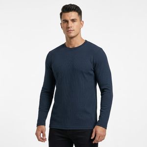 Pavone Cotton Long Sleeves Ribbed Lightweight Sweatshirt - Navy Blue