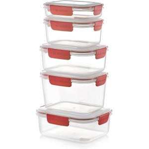 M Design Fresco Food Containers - 0.6, 1.1L, 1.6L, 2.1L, 2.3L - Pack of 5 - BPA Free, Microwave Safe, Dishwasher Safe, Food Safe, Stackable - Clear/Red
