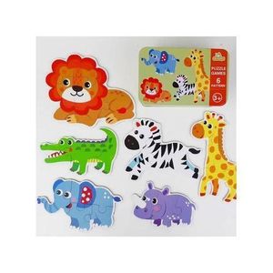 6-in-1 Jungle Animal Puzzle Set for Toddlers in a Tin Box – 25-Piece Wooden Block Set (Lion, Giraffe, Elephant, Zebra, Crocodile, Rhinoceros) – Educational Montessori Travel Toy for Kids Aged 3+