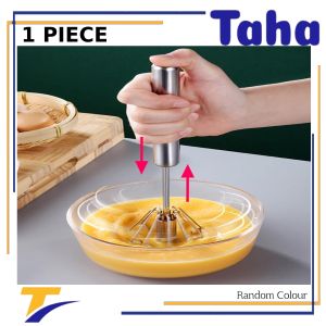 1pc Stainless Steel Semi-automatic Egg Beater With Press & Rotate Function,  Handheld Cream And Egg Mixer For Home Baking