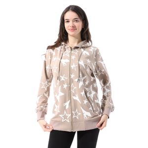 Diadora Women's All-Over Star Print Zip-Up Hoodie - Beige
