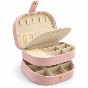 Jewelry Organizer Box for Women, 2-Layer PU Leather Jewelry Storage Case with Necklace Hooks, Ring Rolls, Removable Earring Panel & Compartments, 17 × 12 × 8 cm – Pink