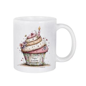 Happy Birthday Cupcake Mug, White Ceramic Coffee Cup, Novelty Gift, Floral Design                                                                                   