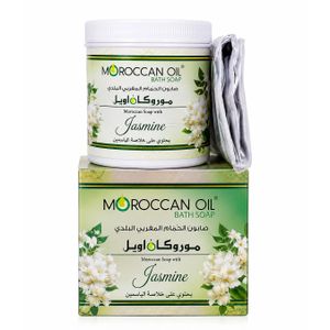 Moroccan Oil Original Soap with Jasmine Scent and Moroccan Loofah: Exfoliating, Deep Cleansing, and Skin Softening Treatment for Rough Skin 250g