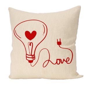 Decorative Throw Pillow Cover, Beige with Red Love Light Bulb Design, Heart Theme, Home Decor Valentine's Day Theme SIZE (40x40)