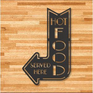 يتم تقديم الطعام الساخن هنا، لوحة جدارية على شكل سهم تشير إلى وجود الطعام الساخن