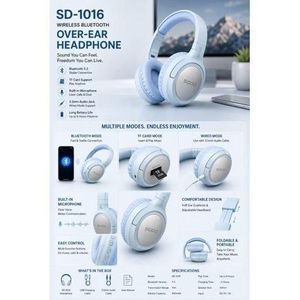 SODO  SD-1016 Wireless Over-Ear Headphones with Deep Bass, Sky Blue