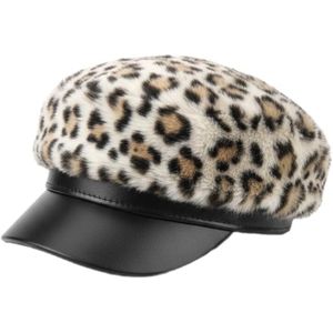 قبعة فرو بنقشة الفهد مع حافة من الجلد الأسود، قبعة شتوية عصرية تناسب النساء من جميع الأعمار وللاستخدام في مختلف المناسبات.