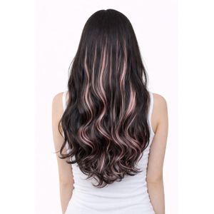 اكستنشن متوسط الطول مموج من الفايبر الحراري باللون الوردي بخصل هايلايت اسود