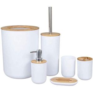 Bamboo Wooden Bathroom Accessories Set, 6 Pcs Set Toilet Brush, Soap Dispenser, Waste Bin, Toothbrush Holder, Soap Dish Cup Set Can Be Used Repeatedly