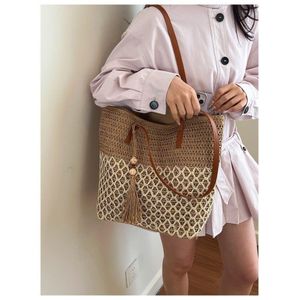 Women's Bohemian Woven Straw Shoulder Tote Bag with Tassel Accent