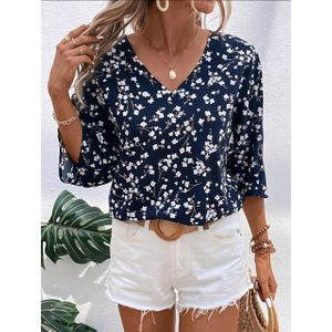 SHEIN Women's Ditsy Floral V-Neck 3/4 Sleeve Casual BLOUSE 