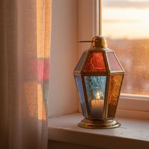 B301 Vintage Moroccan Style Hexagonal Lantern, Brass Frame with Multicolored Glass Panels, Decorative Ramadan Candle Holder with Star Design, Traditional Arabic Home Decor