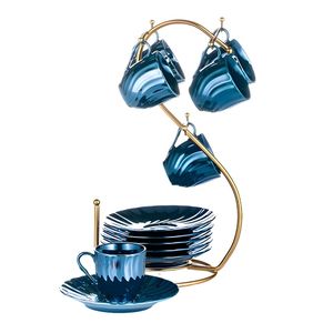 طقم قهوة بورسلين لاستر 12 قطعة + استاند ذهبي - لوتس